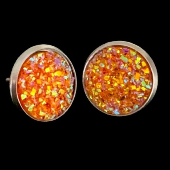 Men’s Crushed Orange Crystal Studs, Iced Out Hip Hop Round Faux Druzy Earrings - Picture 11 of 11